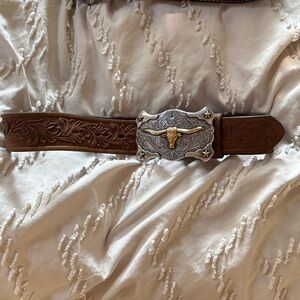Tony Lama Brown Belt with Silver Longhorn Buckle